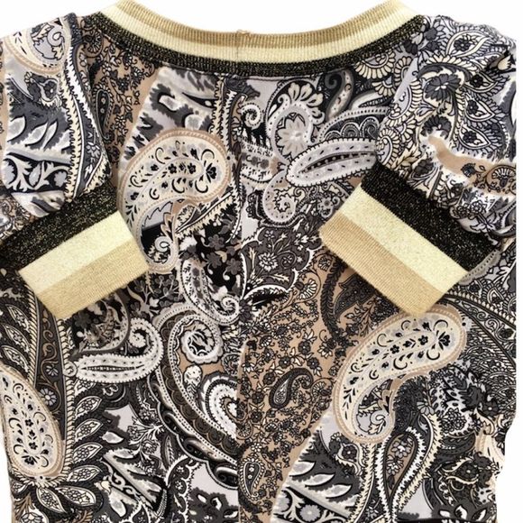 Prelude Paisley Pattern Metallic Speckled Stripe Knit Crew Neck Cuff Shift Dress - Picture 7 of 9